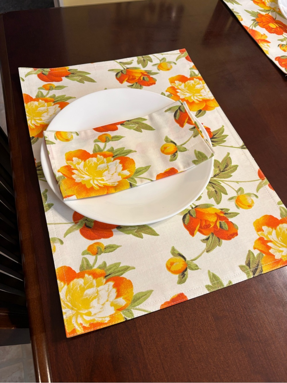 Rose Tree Orange and Yellow Floral Cotton Placemat & Napkin Set